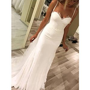 Sheath / Column Wedding Dresses Spaghetti Strap Court Train Chiffon Sleeveless Beach with Lace 2021 miniinthebox