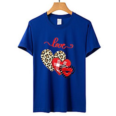 Women's Valentine's Day Painting Couple T shirt Plaid Heart Color Block Print Round Neck Basic Tops Green Blue Pink miniinthebox