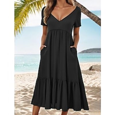 Women's Casual Dress Midi Dress Patchwork Pocket Holiday Date Elegant A Line V Neck Short Sleeve Regular Fit Black Light Green Green Color S M L XL XXL Size Lightinthebox