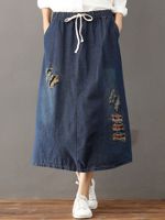 Vintage Elastic Waist Holes Navy Denim Skirts For Women