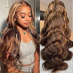 Highlight Lace Front Wig Human Hair P4/27 Ombre 13x4 HD Transparent Lace Frontal Wigs For Women with Baby Hair Pre Plucked Honey Blonde Frontal Wigs Human Hair Glueless Body Wave Lace Front Wig Lightinthebox