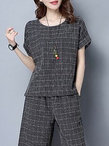Round Neck Checkered Blouses And Bottoms Suits