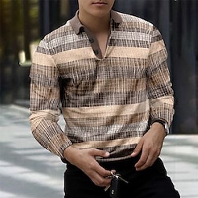 Color Block Stripe Men's Casual Polo Shirt Golf Polo Sports Daily Wear Vacation Polyester Long Sleeve Turndown Polo Shirts Brown Khaki Spring   Fall S M L Micro-elastic Lapel Polo Lightinthebox