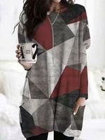 Color Block Print Slouchy Pocket Long Sleeve Shift Dresses