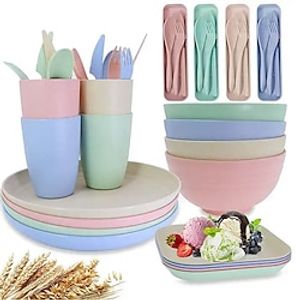 Dinnerware Sets of 4, Lightweight Bowls with Plates, Cups, Knives, Forks and Spoons for Camping Picnic, Dishwasher Microwave Safe Plates and Bowls sets, Kids  Adult Lightinthebox