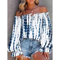 Women's Blouse Color Block Holiday Independence Day Bell Sleeve White Off Shoulder Long Sleeve Daily Stylish Off Shoulder Form Fit Spring Lightinthebox