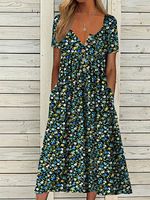 Round Neck Casual Loose Floral Print Short Sleeve Midi Dress