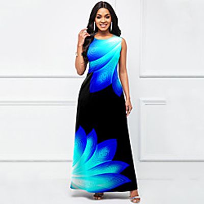 Women's Swing Dress Maxi long Dress Blue Purple Yellow Blushing Pink Grey Green Sky Blue Dark Purple White Black Sleeveless Multi Color Print Spring Summer Round Neck Elegant Casual 2021 S M L XL XXL miniinthebox