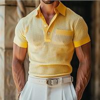 Men's Waffle Polo Shirt Golf Shirt Casual Holiday Lapel Short Sleeve Fashion Basic Solid Color Plain Button Pocket Summer Regular Fit Yellow Waffle Polo Shirt Lightinthebox