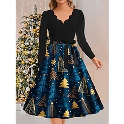 Women's Christmas Dress Vintage Dress Christmas Tree Snowflake Print Lace up Scalloped Neck Midi Dress Elegant Vintage Outdoor Christmas Long Sleeve Loose Fit Light Yellow Black Wine Fall Winter S M Lightinthebox