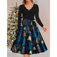 Women's Christmas Dress Vintage Dress Christmas Tree Snowflake Print Lace up Scalloped Neck Midi Dress Elegant Vintage Outdoor Christmas Long Sleeve Loose Fit Light Yellow Black Wine Fall Winter S M Lightinthebox - thumbnail