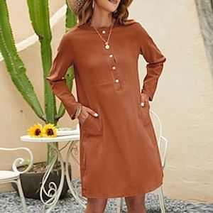 Women's Shift Dress Short Mini Dress Black Blue Gray Brown Long Sleeve Pure Color Pocket Button Fall Winter Round Neck Casual Mature 2022 S M L XL XXL 3XL miniinthebox