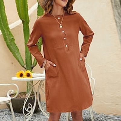 Women's Shift Dress Short Mini Dress Black Blue Gray Brown Long Sleeve Pure Color Pocket Button Fall Winter Round Neck Casual Mature 2022 S M L XL XXL 3XL miniinthebox