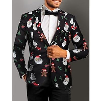 Men's Christmas Ugly Blazer Jacket Regular Tailored Fit Santa Claus Snowman Single Breasted One-button Black 2023 Lightinthebox