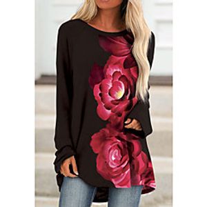 Women's Floral Theme Painting T shirt Floral Color Block Long Sleeve Print Round Neck Basic Tops Blue White Black miniinthebox