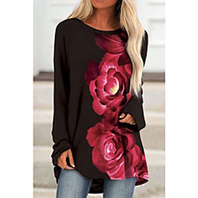 Women's Floral Theme Painting T shirt Floral Color Block Long Sleeve Print Round Neck Basic Tops Blue White Black miniinthebox