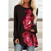 Women's Floral Theme Painting T shirt Floral Color Block Long Sleeve Print Round Neck Basic Tops Blue White Black miniinthebox - thumbnail