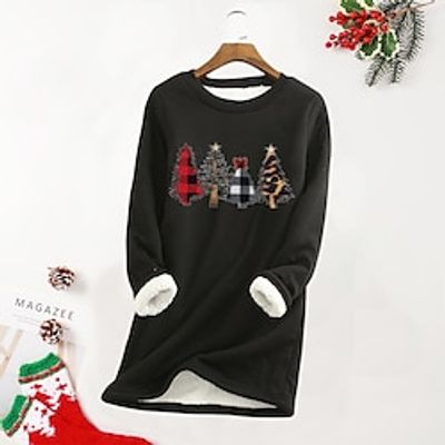 Women's Plus Size Christmas Fleece Tops Pullover Sweatshirt Tree Print Long Sleeve Crewneck Casual Sherpa Fleece Daily Cotton Winter Fall Blue Purple Lightinthebox