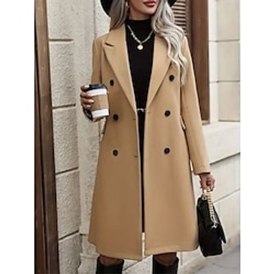 Women's Winter Coat Long Overcoat Double Breasted Lapel Trench Coat Thermal Warm Windproof Jacket Fall Casual Street Outerwear Long Sleeve Fall Winter Black Khaki Lightinthebox