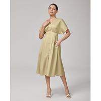 Khaki V-neck Waist-Defining Midi Dress