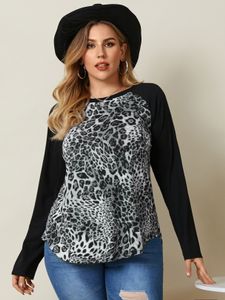 YOINS Plus Size Crew Neck Leopard Long Sleeves Tee