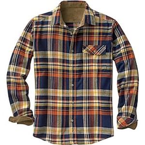 Men's Fleece Shirt Shirt Flannel Jacket Plaid  Check Turndown Wine Royal Blue Orange Brown Beige Casual Vacation Long Sleeve Button-Down Warm Clothing Apparel Fashion Streetwear Casual Pocket Lightinthebox