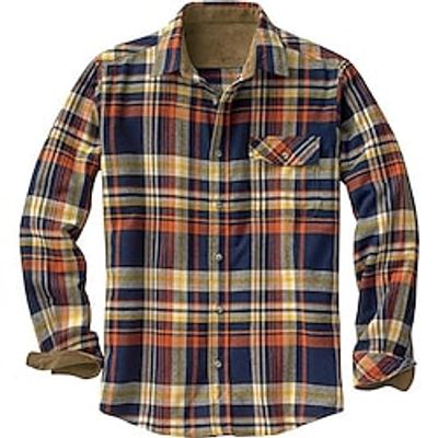Men's Fleece Shirt Shirt Flannel Jacket Plaid  Check Turndown Wine Royal Blue Orange Brown Beige Casual Vacation Long Sleeve Button-Down Warm Clothing Apparel Fashion Streetwear Casual Pocket Lightinthebox