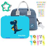 Eazy Kids Dinosaur 6 - 4 Compartment Bento Lunch Box With Lunch Bag - Blue