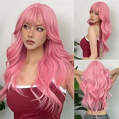 Pink Long Body Wave Hair Wigs Wiht Bangs Synthetic Fiber Hair Wigs For Women Girls For Daily Party Cospaly Use 24 Inch Christmas Party Wigs miniinthebox