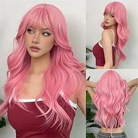 Pink Long Body Wave Hair Wigs Wiht Bangs Synthetic Fiber Hair Wigs For Women Girls For Daily Party Cospaly Use 24 Inch Christmas Party Wigs miniinthebox - thumbnail