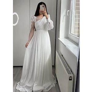 Little White Dresses Wedding Dresses A-Line Boat Neck Long Sleeve Floor Length Chiffon Bridal Gowns With Pleats Appliques 2023 Lightinthebox