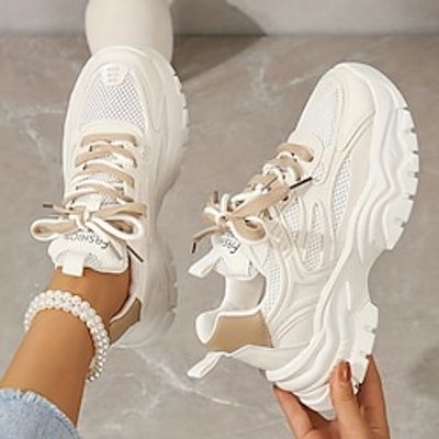 Women's Sneakers White Shoes Driving Shoes Dad Shoes White Shoes Outdoor Daily Flat Heel Wedge Heel Round Toe Casual Comfort Preppy Running Tennis Shoes PU Lace-up Solid Color Color Block Beige Lightinthebox
