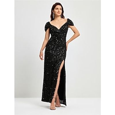 Women's Black Dress Sequin Dress Prom Dress Long Dress Maxi Dress Black Short Sleeve Plain Sequins Summer Spring Fall V Neck Party Evening Party Summer Dress Wedding Guest Dress Lightinthebox