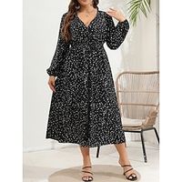 Women's Plus Size Party Dress Cocktail Dress Wedding Guest Dress Midi Dress Black Red Long Sleeve Polka Dot Print Spring Fall Winter V Neck Party Winter Dress Wedding Guest Vacation XL XXL 3XL 4XL Lightinthebox - thumbnail