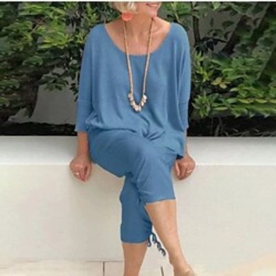 Women's Loungewear Sets Nighty 2 Pieces Pure Color Comfort Sweet Home Daily Polyester Crew Neck Long Sleeve Winter Fall Blue Lightinthebox