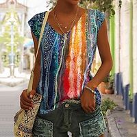 Women's Tank Top Blue Purple Green Graphic Abstract Print Sleeveless Casual Basic V Neck Regular S miniinthebox - thumbnail