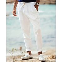 Men's Linen Pants Drawstring Elastic Waist Plain Breathable Soft Casual Weekend Fashion Streetwear White Micro-elastic Lightinthebox - thumbnail