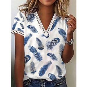 Women's T shirt Tee Blue Feather Lace Trims Print Short Sleeve Casual Weekend Basic V Neck Regular Painting S Lightinthebox