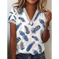 Women's T shirt Tee Blue Feather Lace Trims Print Short Sleeve Casual Weekend Basic V Neck Regular Painting S Lightinthebox - thumbnail