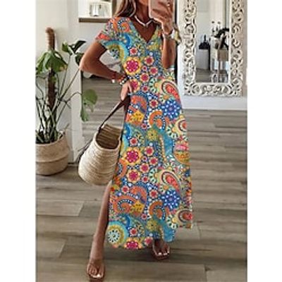 Women's Long Dress Maxi Dress Casual Dress Print Dress Floral Paisley Tribal Fashion Casual Outdoor Daily Going out Split Print Short Sleeve V Neck Dress Regular Fit Blue Summer Spring S M L XL XXL Lightinthebox