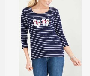 Womens Embellished Flip-Flop Print Cotton Top  Intrepid Blue