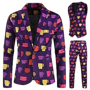 Purple Men's Valentine's Suits 3 Piece Patterned Standard Fit Single Breasted One-button 2023 Lightinthebox