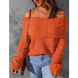 Women's Pullover Sweater jumper Jumper Ribbed Knit Knitted Pure Color Off Shoulder Stylish Casual Outdoor Daily Winter Fall Orange Light Blue S M L / Long Sleeve / Holiday / Regular Fit / Going out miniinthebox