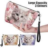 Women's Makeup Bag Pen Bag Wristlet Cosmetic Bag PU Leather Daily Holiday Travel Print Large Capacity Lightweight Durable Cat Flowers Yellow Pink Blue miniinthebox