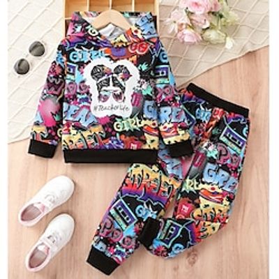 2 Pieces Kids Girls' Graphic Button Pants Suit Set Long Sleeve Active School 7-13 Years Spring Black Lightinthebox