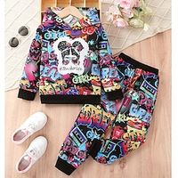 2 Pieces Kids Girls' Graphic Button Pants Suit Set Long Sleeve Active School 7-13 Years Spring Black Lightinthebox - thumbnail