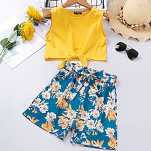 Kids Girls' Clothing Set 2 Pieces Sleeveless Yellow Floral Graphic Ruffle Patchwork Indoor Outdoor Casual Daily Regular 4-12 Years Lightinthebox