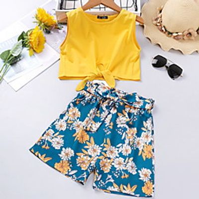 Kids Girls' Clothing Set 2 Pieces Sleeveless Yellow Floral Graphic Ruffle Patchwork Indoor Outdoor Casual Daily Regular 4-12 Years Lightinthebox