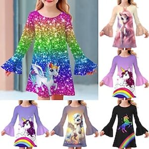 Girls' 3D Unicorn Dress Long Sleeve 3D Print Summer Fall Sports  Outdoor Daily Holiday Cute Casual Beautiful Kids 3-12 Years Casual Dress A Line Dress Above Knee Polyester Regular Fit miniinthebox