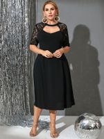 YOINS Plus Size Button Keyhole Design Lace Half Sleeves Midi Dress - thumbnail